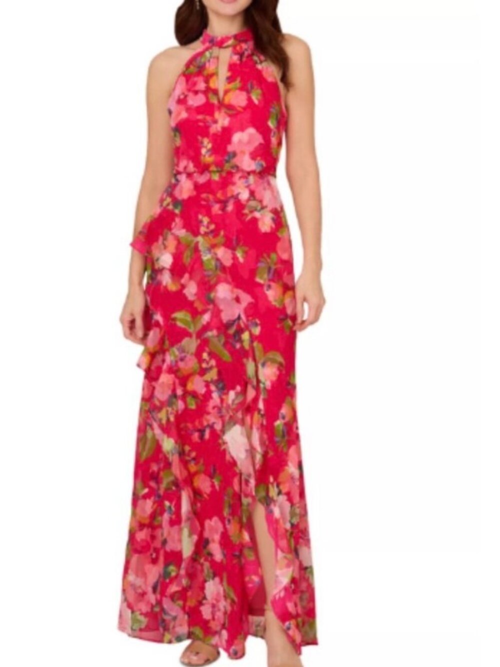 NWT Adrianna Papell Coral Red Floral Ruffle Chiffon Maxi Dress/Gown. Size 16